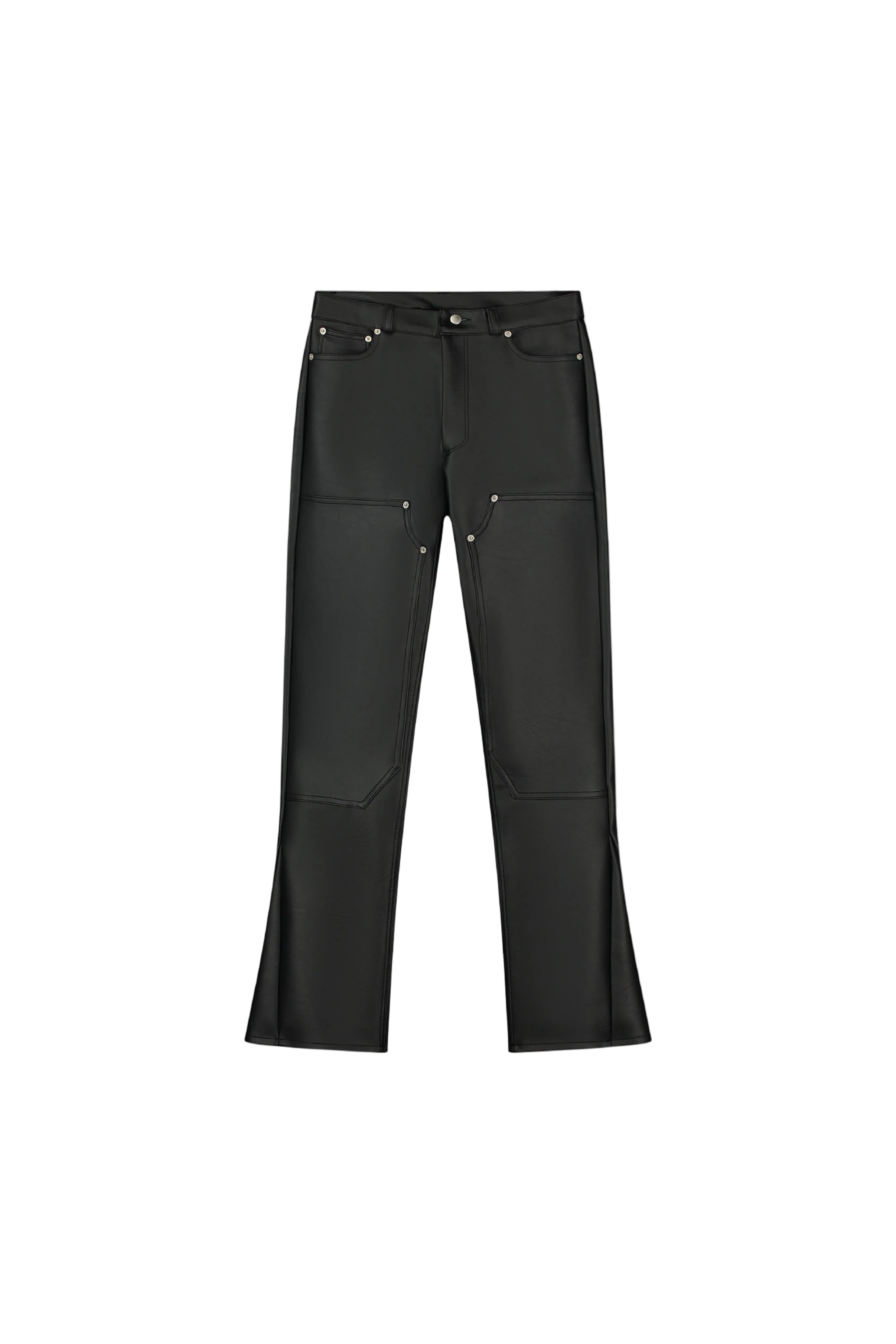 FAUX LEATHER FLARED CARPENTER PANTS - BLACK